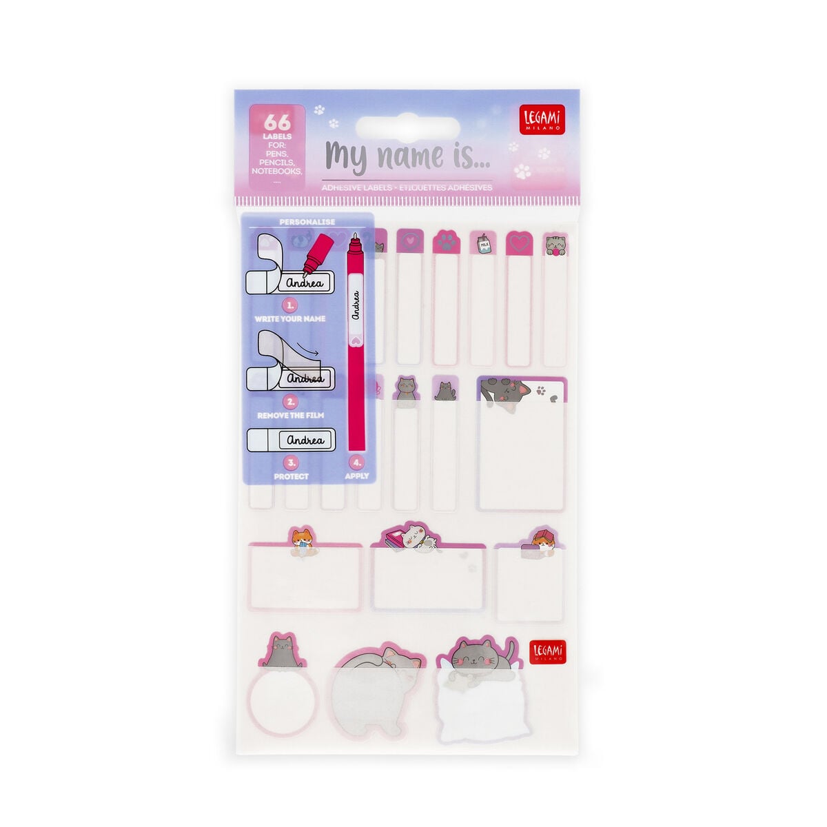Legami — etiquetas adhesivas para marcar el material estampado Kitty, colección Back to School