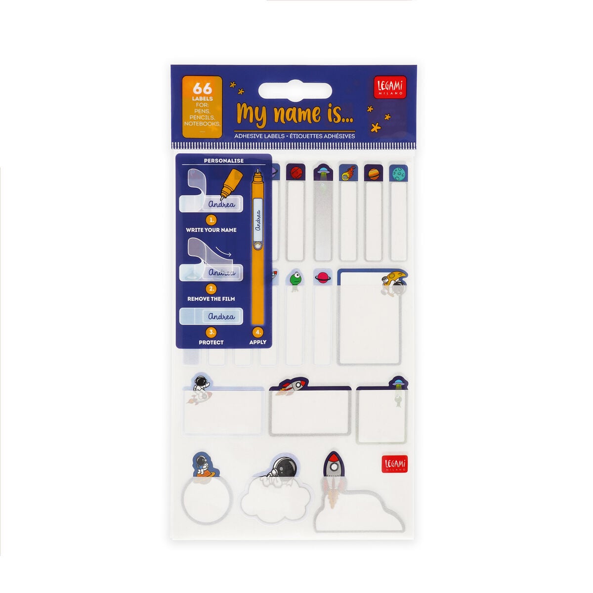 Legami — etiquetas adhesivas para marcar el material estampado Space, colección Back to School