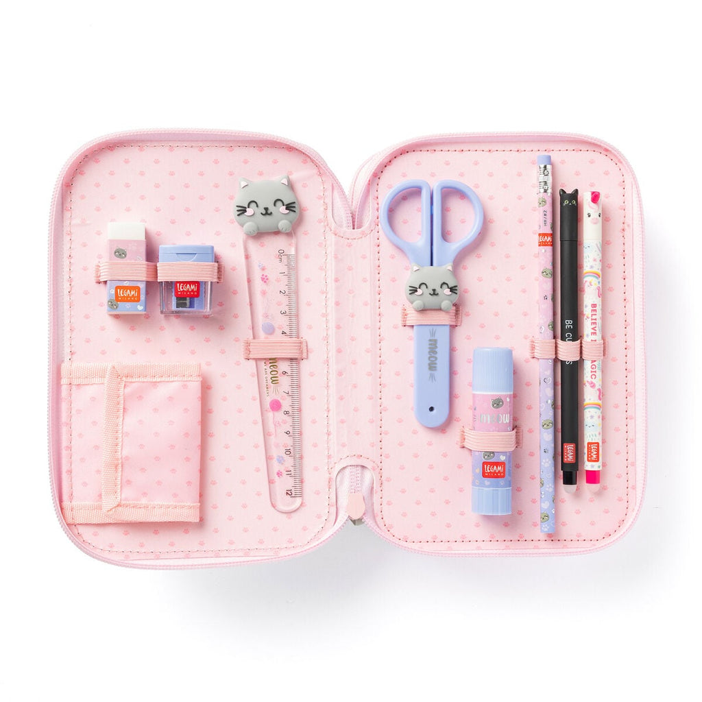 Estuche de 3 Compartimentos - Kitty + 2 Erasable Pen
